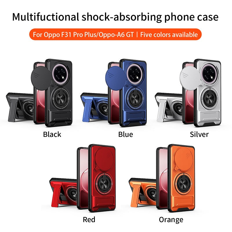Luxury Slide Camera Lens Cover Case for OPPO F31 Pro+/OPPO A6 GT, Built-in Ring Stand and Folding Stand Magnetic Protective Case