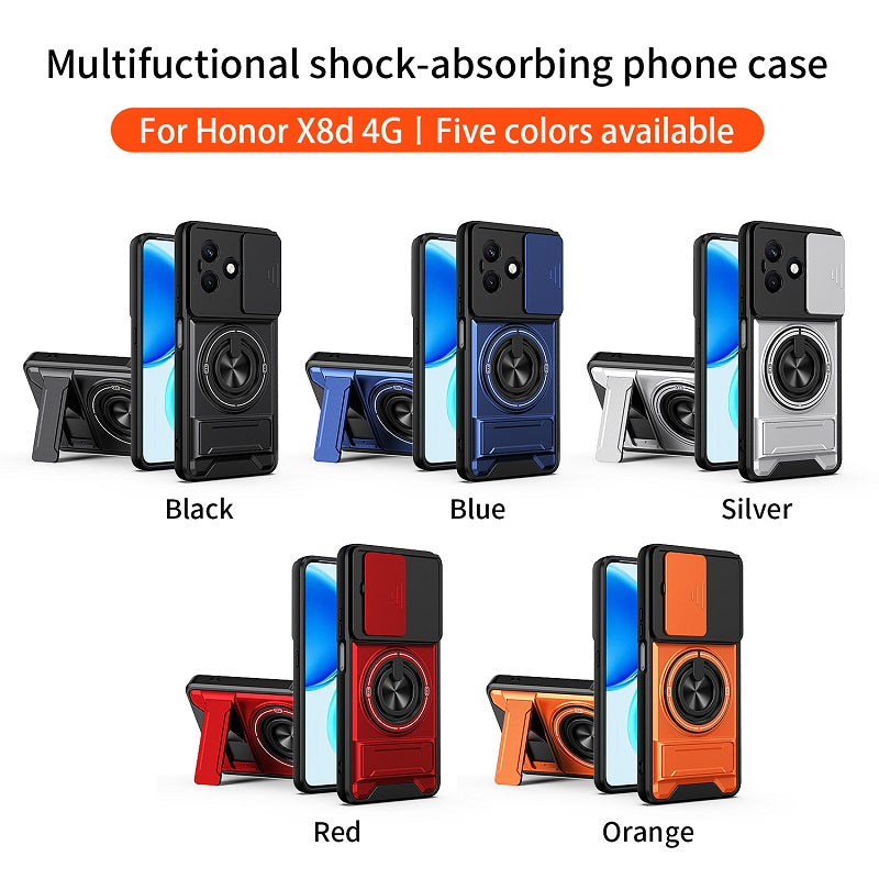 Luxury Slide Camera Lens Cover Case for Honor X8D, Built-in Ring Stand and Folding Stand Magnetic Protective Case