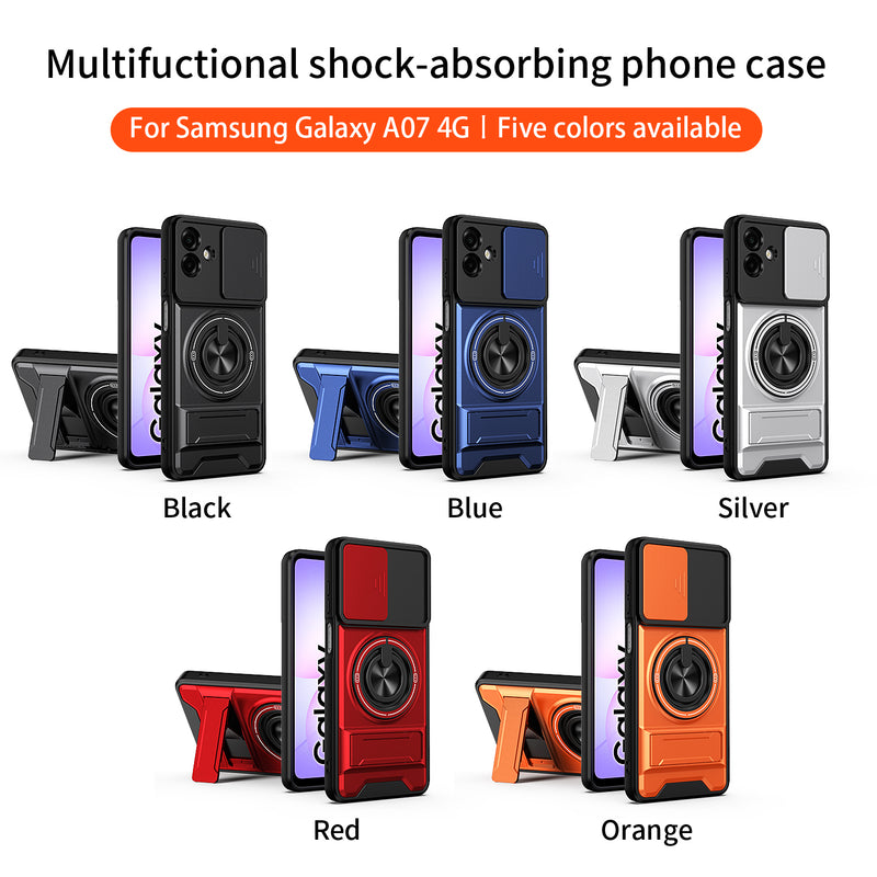 Luxury Slide Camera Lens Cover Case for Samsung Galaxy A07 4G, Built-in Ring Stand and Folding Stand Magnetic Protective Case