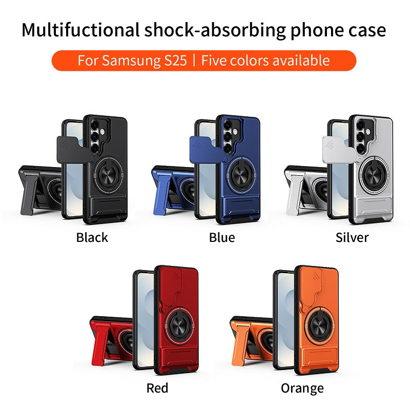 Luxury Slide Camera Lens Cover Case for Samsung Galaxy S25, Built-in Ring Stand and Folding Stand Magnetic Protective Case