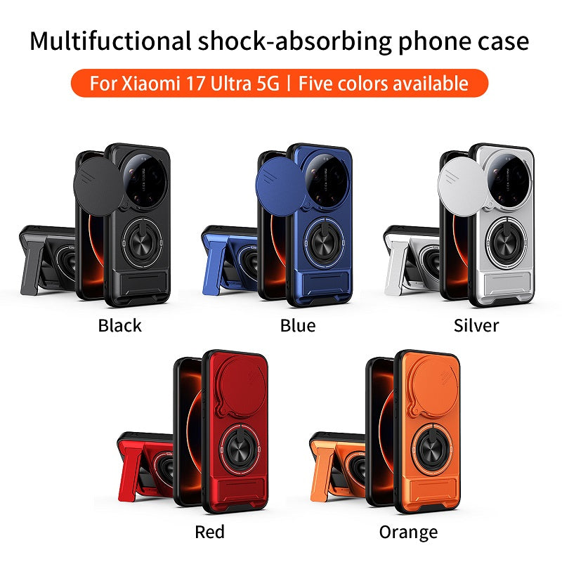 Luxury Slide Camera Lens Cover Case for Xiaomi 17 Ultra 5G, Built-in Ring Stand and Folding Stand Magnetic Protective Case