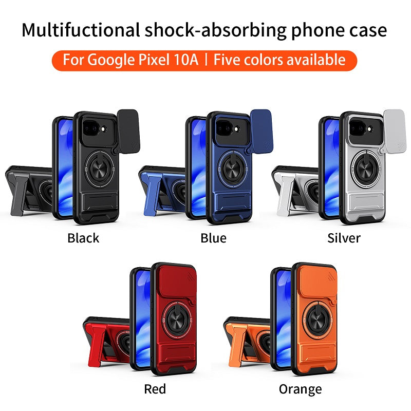 Luxury Slide Camera Lens Cover Case for Google Pixel 10A, Built-in Ring Stand and Folding Stand Magnetic Protective Case