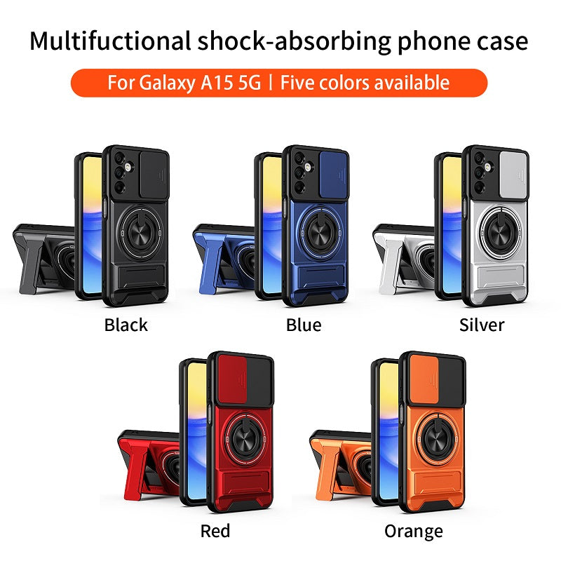 Luxury Slide Camera Lens Cover Case for Samsung Galaxy A15 5G/4G, Built-in Ring Stand and Folding Stand Magnetic Protective Case