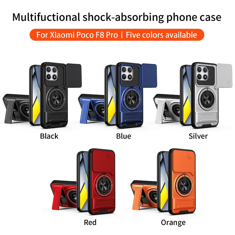 Luxury Slide Camera Lens Cover Case for Xiaomi Poco F8 Pro, Built-in Ring Stand and Folding Stand Magnetic Protective Case