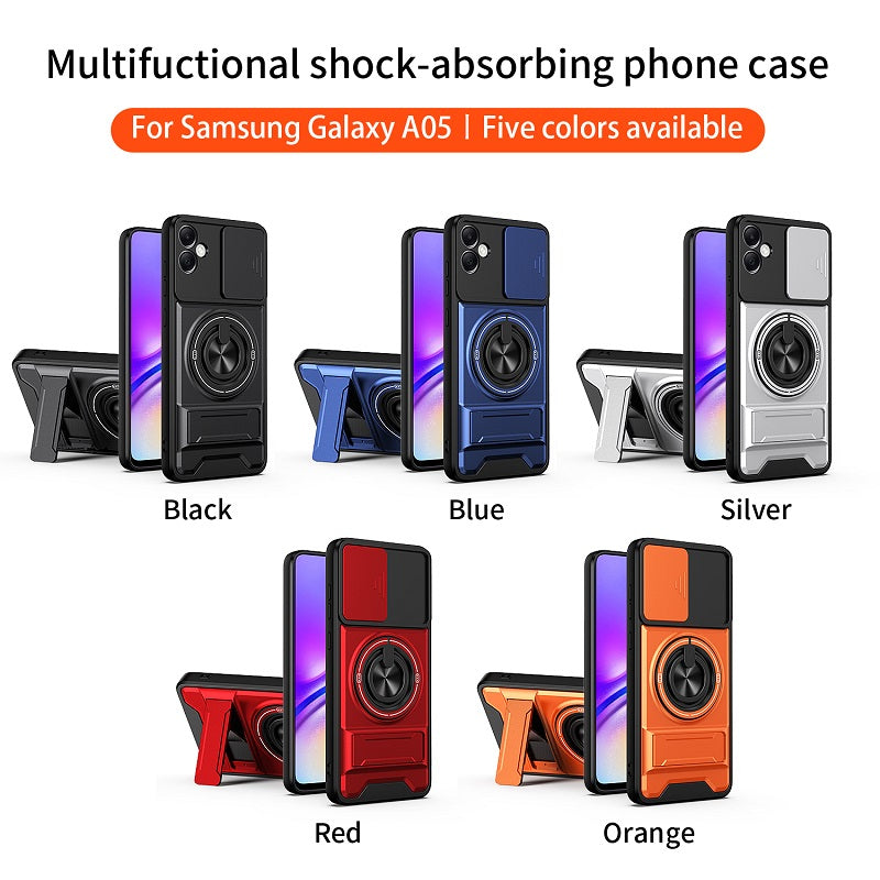 Luxury Slide Camera Lens Cover Case for Samsung Galaxy A05 4G, Built-in Ring Stand and Folding Stand Magnetic Protective Case