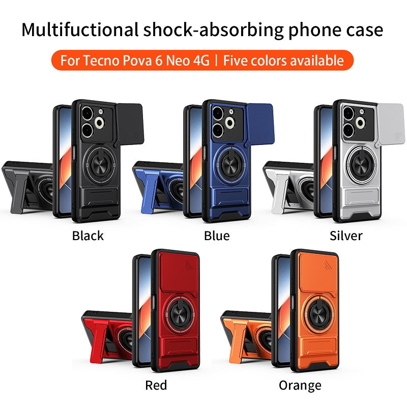 Luxury Slide Camera Lens Cover Case for Tecno Pova 6 Neo 4G, Built-in Ring Stand and Folding Stand Magnetic Protective Case