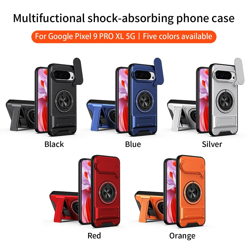 Luxury Slide Camera Lens Cover Case for Google Pixel 9 Pro XL, Built-in Ring Stand and Folding Stand Magnetic Protective Case