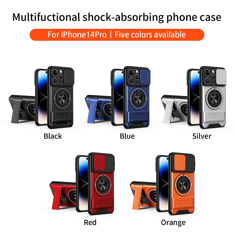 Luxury Slide Camera Lens Cover Case for iPhone 14 Pro, Built-in Ring Stand and Folding Stand Magnetic Protective Case
