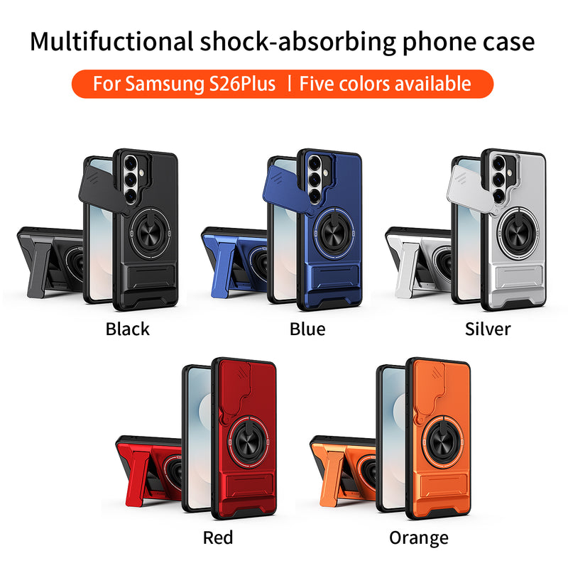 Luxury Slide Camera Lens Cover Case for Samsung Galaxy S26 Plus, Built-in Ring Stand and Folding Stand Magnetic Protective Case