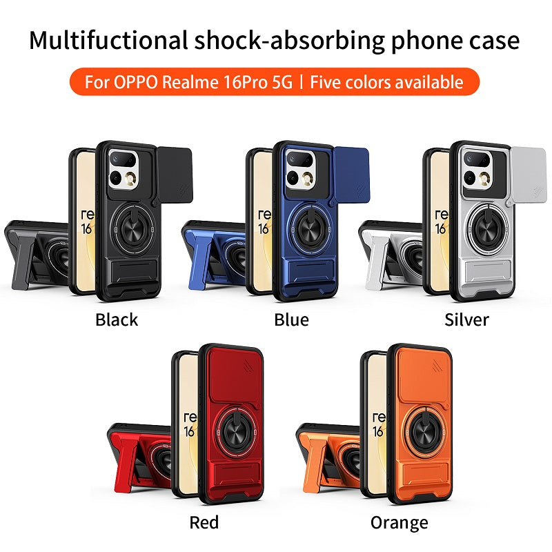 Luxury Slide Camera Lens Cover Case for OPPO Realme 16 Pro 5G, Built-in Ring Stand and Folding Stand Magnetic Protective Case