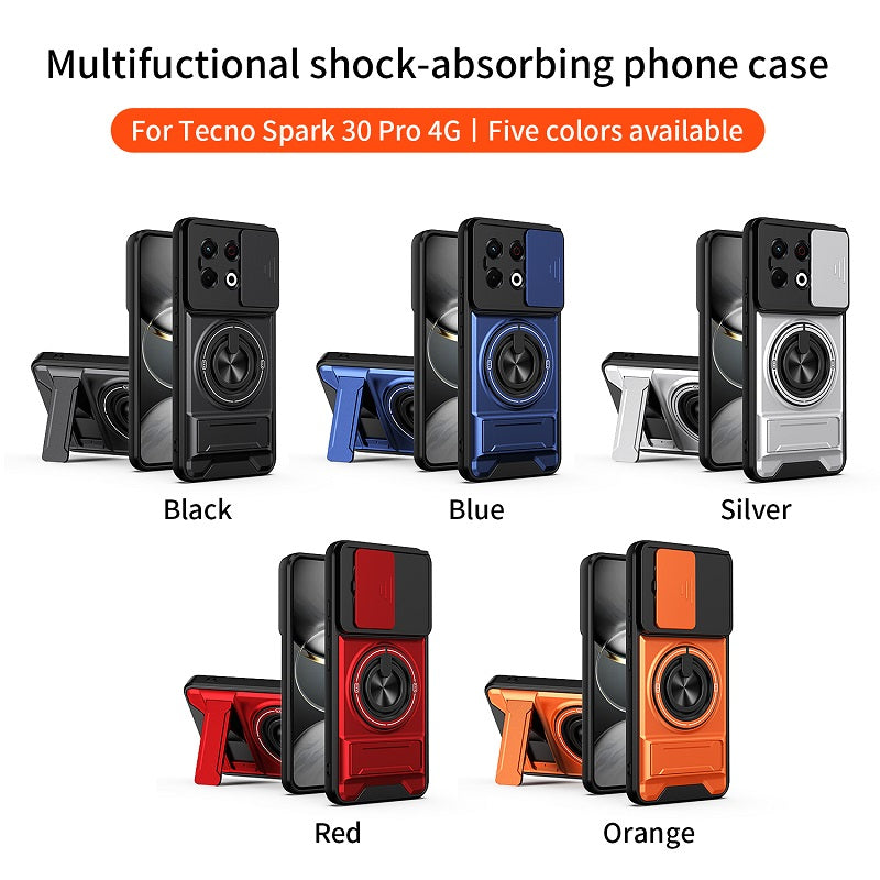 Luxury Slide Camera Lens Cover Case for Tecno Spark 30 Pro 4G, Built-in Ring Stand and Folding Stand Magnetic Protective Case
