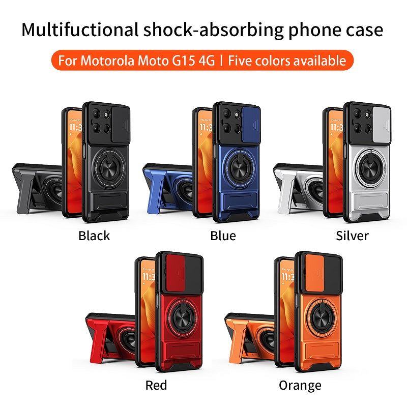Luxury Slide Camera Lens Cover Case for Motorola Moto G15 4G, Built-in Ring Stand and Folding Stand Magnetic Protective Case