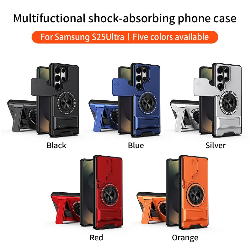Luxury Slide Camera Lens Cover Case for Samsung Galaxy S25 Ultra, Built-in Ring Stand and Folding Stand Magnetic Protective Case