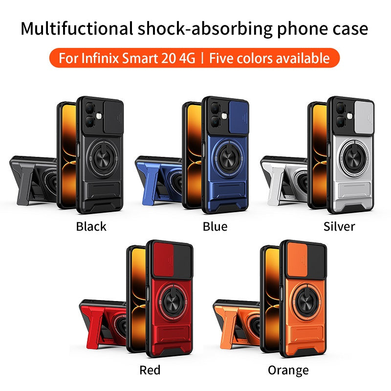 Luxury Slide Camera Lens Cover Case for Infinix Smart 20 4G, Built-in Ring Stand and Folding Stand Magnetic Protective Case
