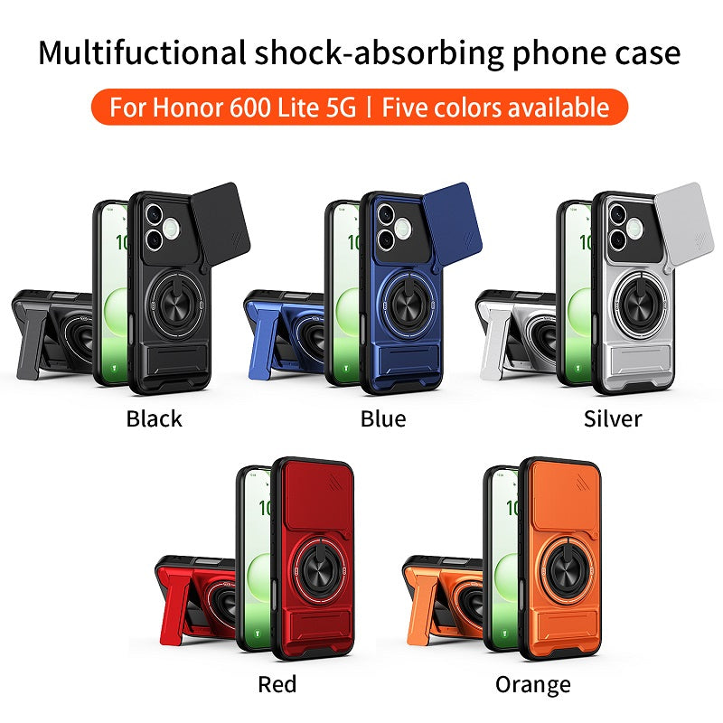 Luxury Slide Camera Lens Cover Case for Honor 600 Lite, Built-in Ring Stand and Folding Stand Magnetic Protective Case