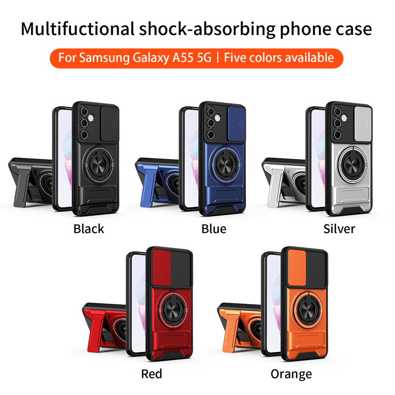 Luxury Slide Camera Lens Cover Case for Samsung Galaxy A55 5G, Built-in Ring Stand and Folding Stand Magnetic Protective Case