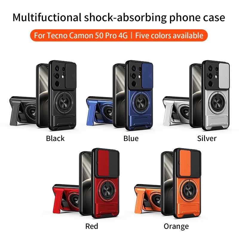 Luxury Slide Camera Lens Cover Case for Tecno Camon 50 Pro 4G, Built-in Ring Stand and Folding Stand Magnetic Protective Case