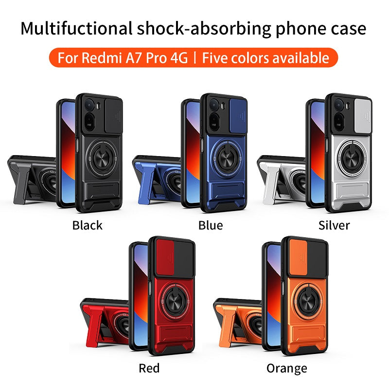 Luxury Slide Camera Lens Cover Case for Xiaomi Redmi A7 Pro 4G, Built-in Ring Stand and Folding Stand Magnetic Protective Case