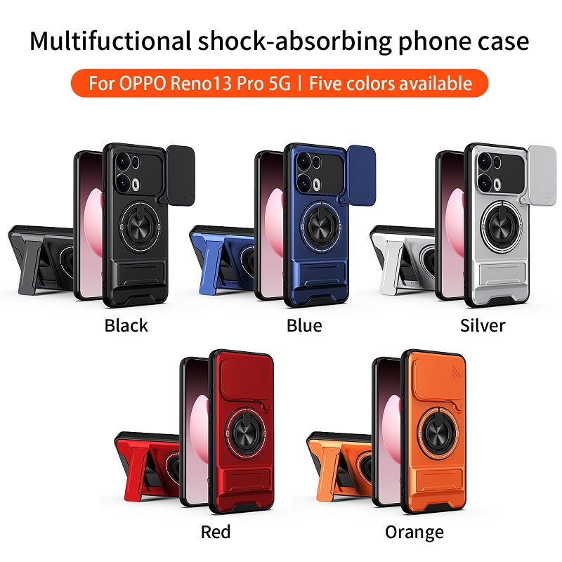 Luxury Slide Camera Lens Cover Case for OPPO Reno 13 Pro 5G, Built-in Ring Stand and Folding Stand Magnetic Protective Case