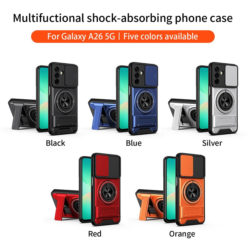 Luxury Slide Camera Lens Cover Case for Samsung Galaxy A26 5G, Built-in Ring Stand and Folding Stand Magnetic Protective Case