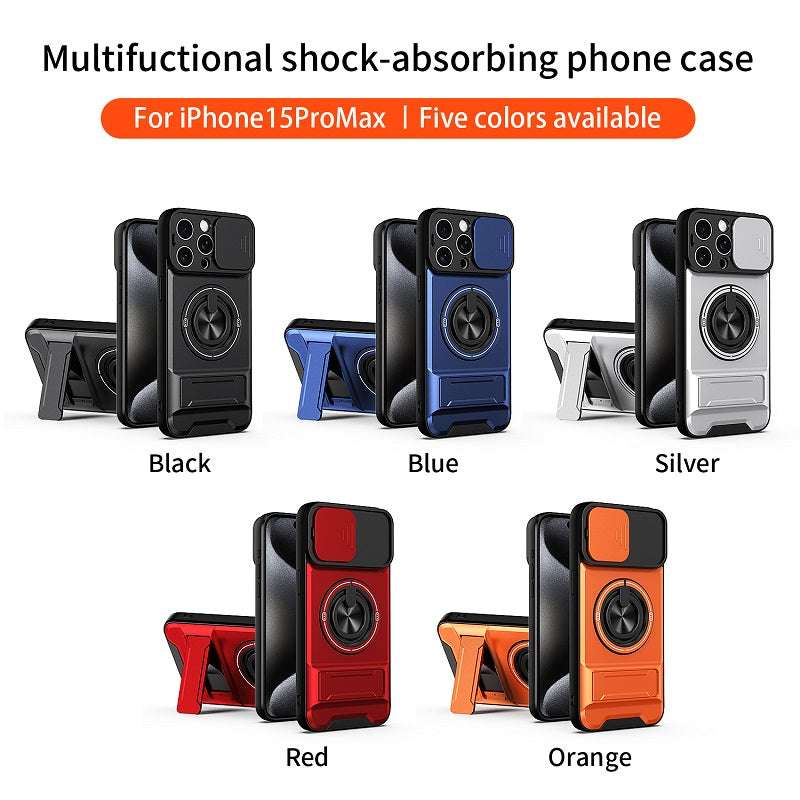 Luxury Slide Camera Lens Cover Case for iPhone 15 Pro Max, Built-in Ring Stand and Folding Stand Magnetic Protective Case