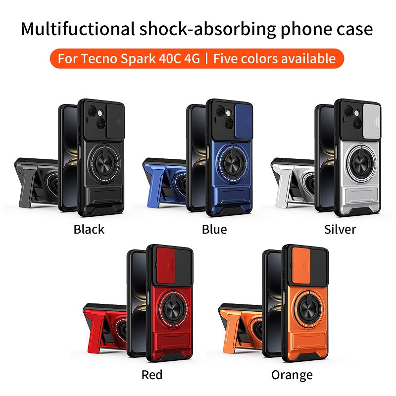 Luxury Slide Camera Lens Cover Case for Tecno Spark 40C 4G, Built-in Ring Stand and Folding Stand Magnetic Protective Case