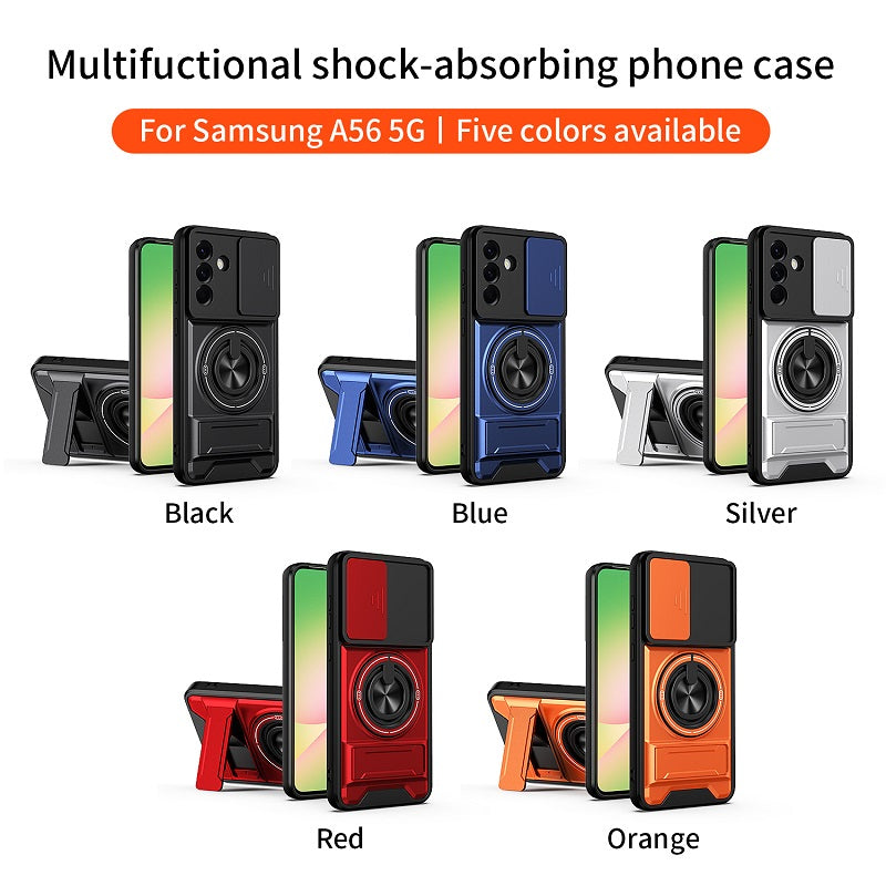 Luxury Slide Camera Lens Cover Case for Samsung Galaxy A56 5G, Built-in Ring Stand and Folding Stand Magnetic Protective Case