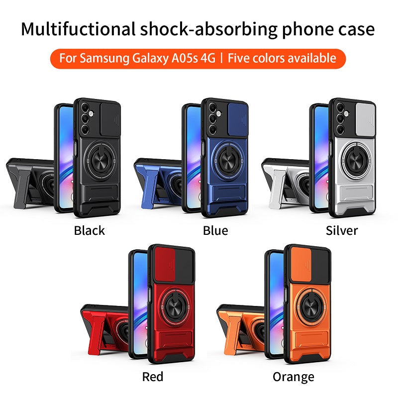 Luxury Slide Camera Lens Cover Case for Samsung Galaxy A05S 4G, Built-in Ring Stand and Folding Stand Magnetic Protective Case
