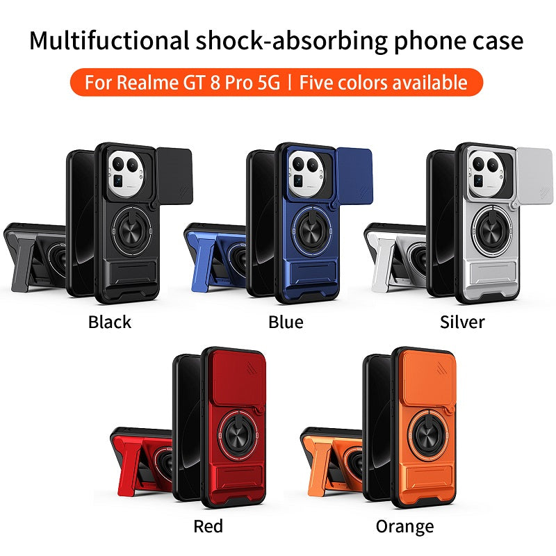 Luxury Slide Camera Lens Cover Case for OPPO Realme GT 8 Pro 5G, Built-in Ring Stand and Folding Stand Magnetic Protective Case