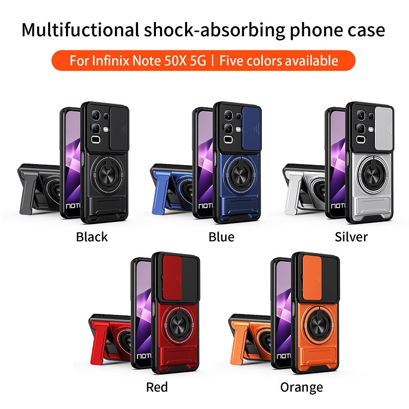 Luxury Slide Camera Lens Cover Case for Infinix Note 50X 5G, Built-in Ring Stand and Folding Stand Magnetic Protective Case