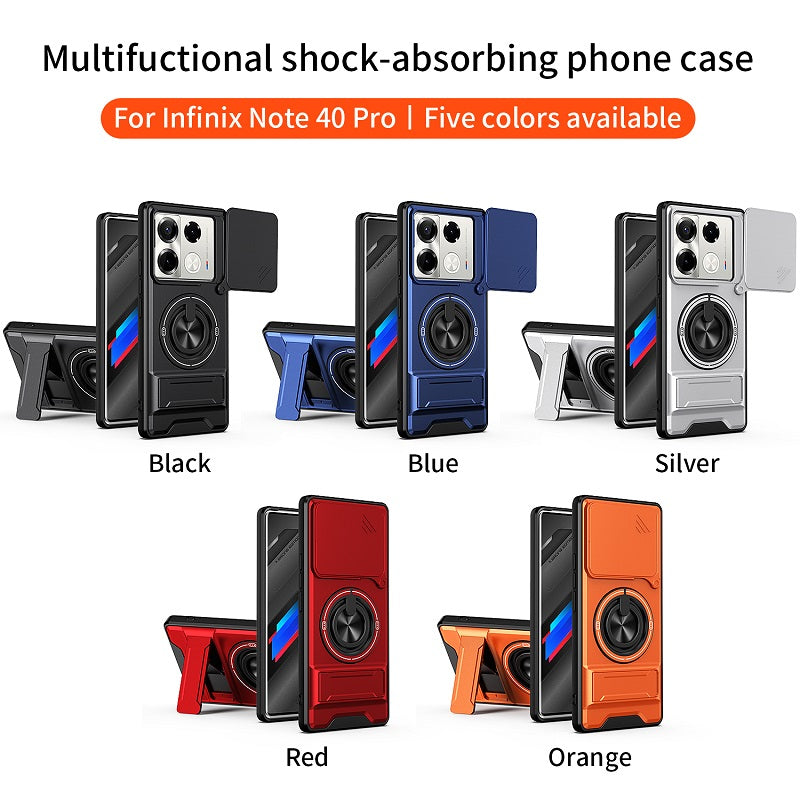 Luxury Slide Camera Lens Cover Case for Infinix Note 40 Pro 5G/4G, Built-in Ring Stand and Folding Stand Magnetic Protective Case