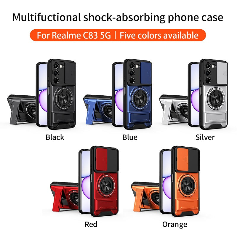 Luxury Slide Camera Lens Cover Case for OPPO Realme C83 5G, Built-in Ring Stand and Folding Stand Magnetic Protective Case