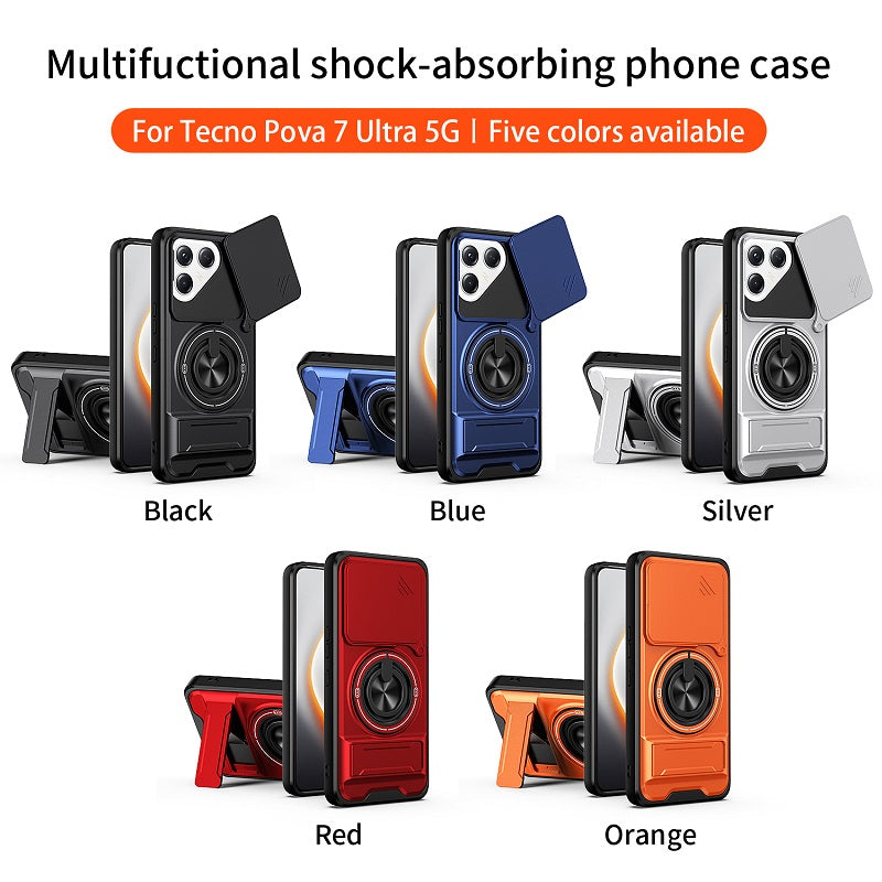 Luxury Slide Camera Lens Cover Case for Tecno Pova 7 Ultra 5G, Built-in Ring Stand and Folding Stand Magnetic Protective Case