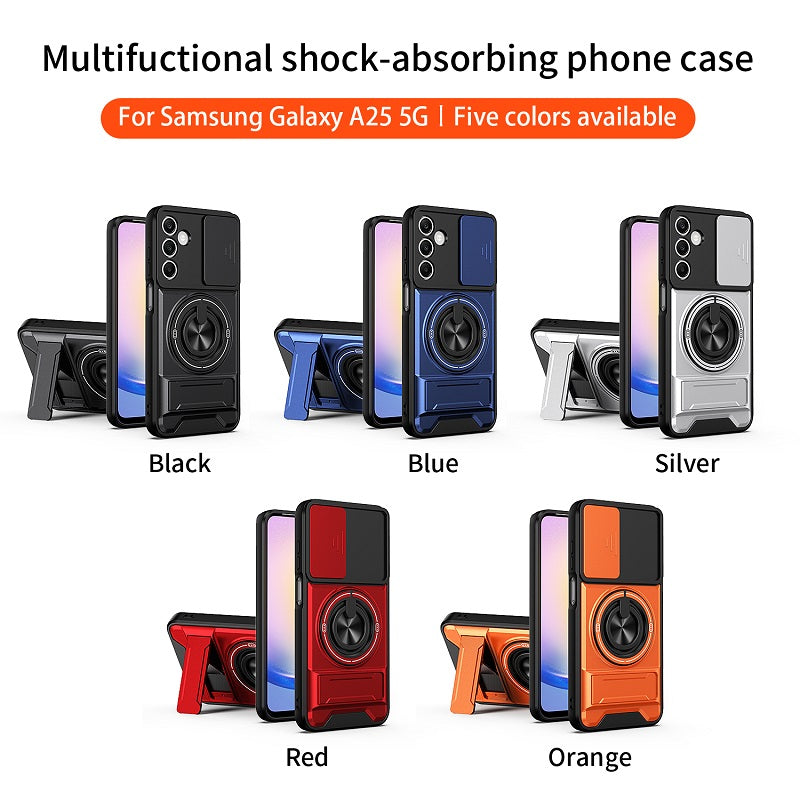 Luxury Slide Camera Lens Cover Case for Samsung Galaxy A25 5G, Built-in Ring Stand and Folding Stand Magnetic Protective Case