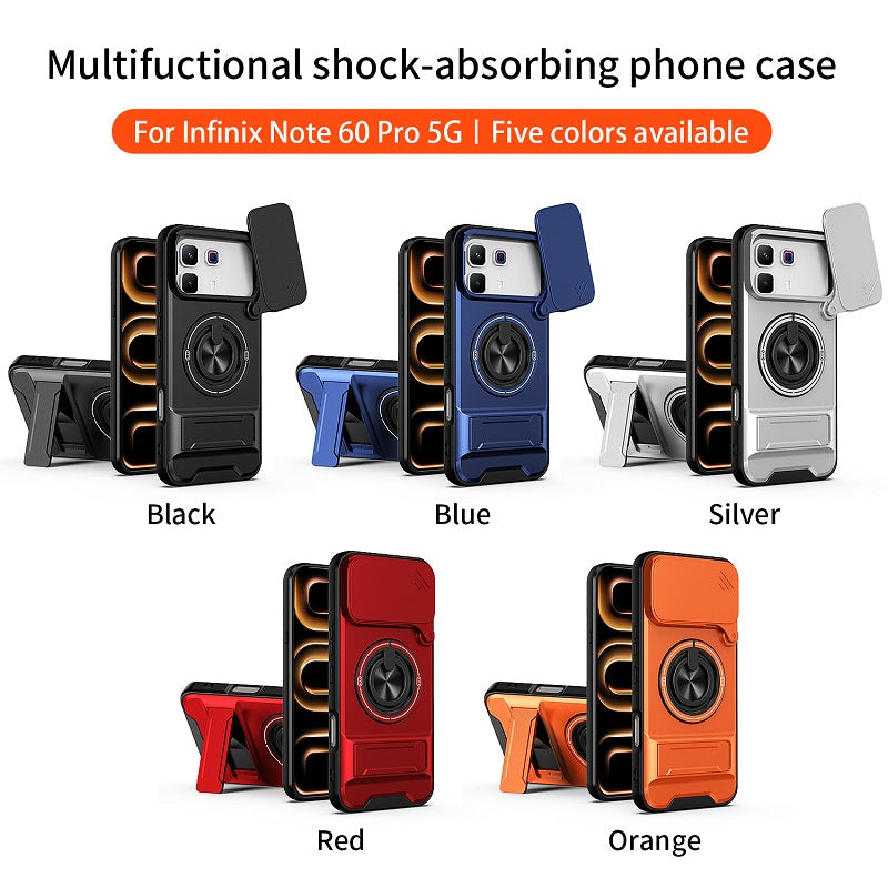Luxury Slide Camera Lens Cover Case for Infinix Note 60 Pro 5G, Built-in Ring Stand and Folding Stand Magnetic Protective Case