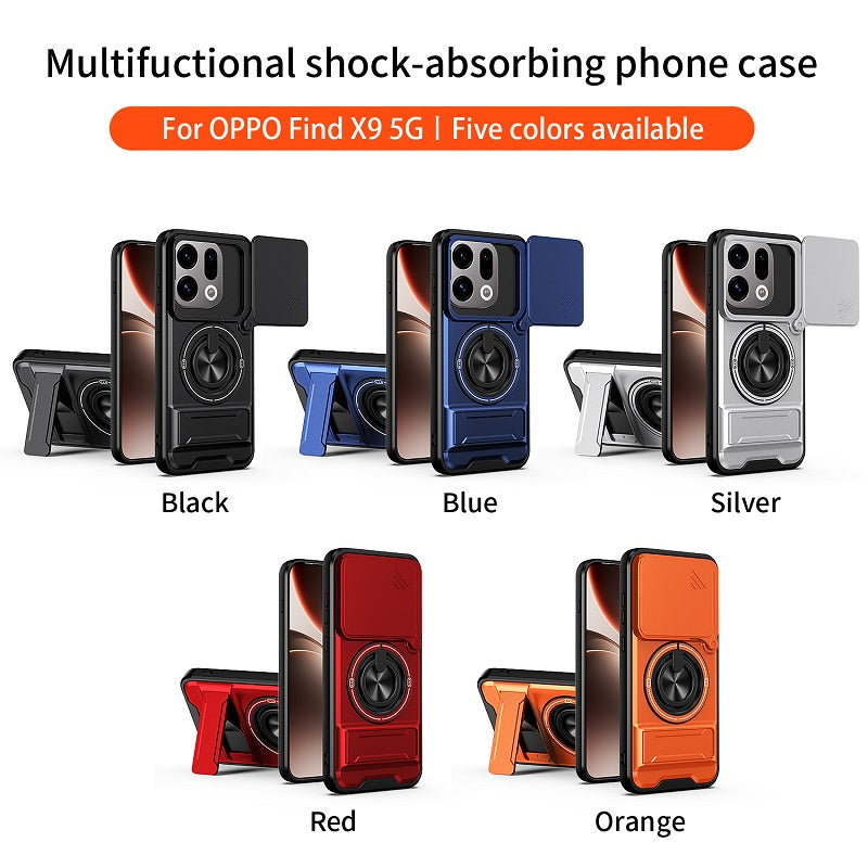 Luxury Slide Camera Lens Cover Case for OPPO Find X9, Built-in Ring Stand and Folding Stand Magnetic Protective Case