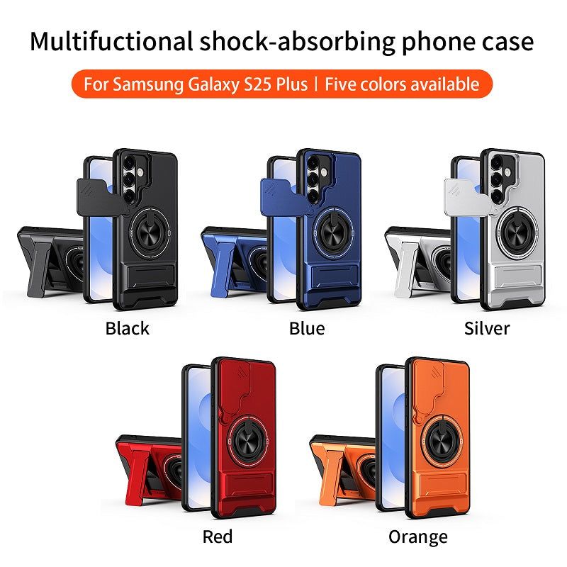 Luxury Slide Camera Lens Cover Case for Samsung Galaxy S25 Plus, Built-in Ring Stand and Folding Stand Magnetic Protective Case