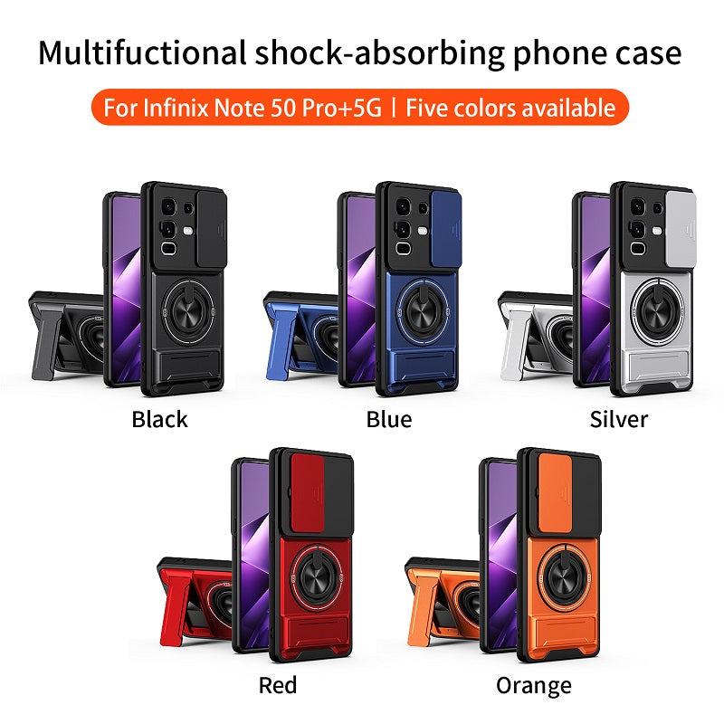 Luxury Slide Camera Lens Cover Case for Infinix Note 50 Pro+/Plus 5G, Built-in Ring Stand and Folding Stand Magnetic Protective Case