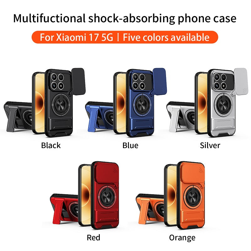 Luxury Slide Camera Lens Cover Case for Xiaomi 17, Built-in Ring Stand and Folding Stand Magnetic Protective Case