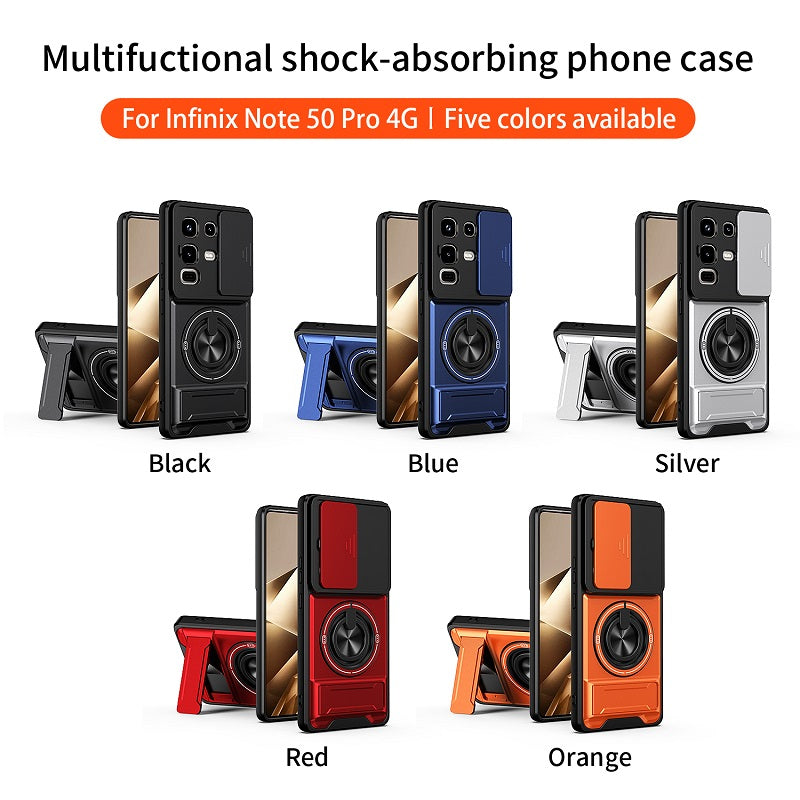 Luxury Slide Camera Lens Cover Case for Infinix Note 50 Pro 4G/Note 50 4G, Built-in Ring Stand and Folding Stand Magnetic Protective Case