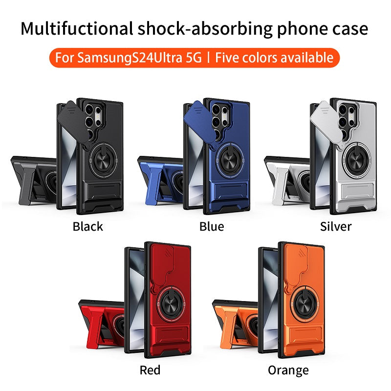 Luxury Slide Camera Lens Cover Case for Samsung Galaxy S24 Ultra, Built-in Ring Stand and Folding Stand Magnetic Protective Case