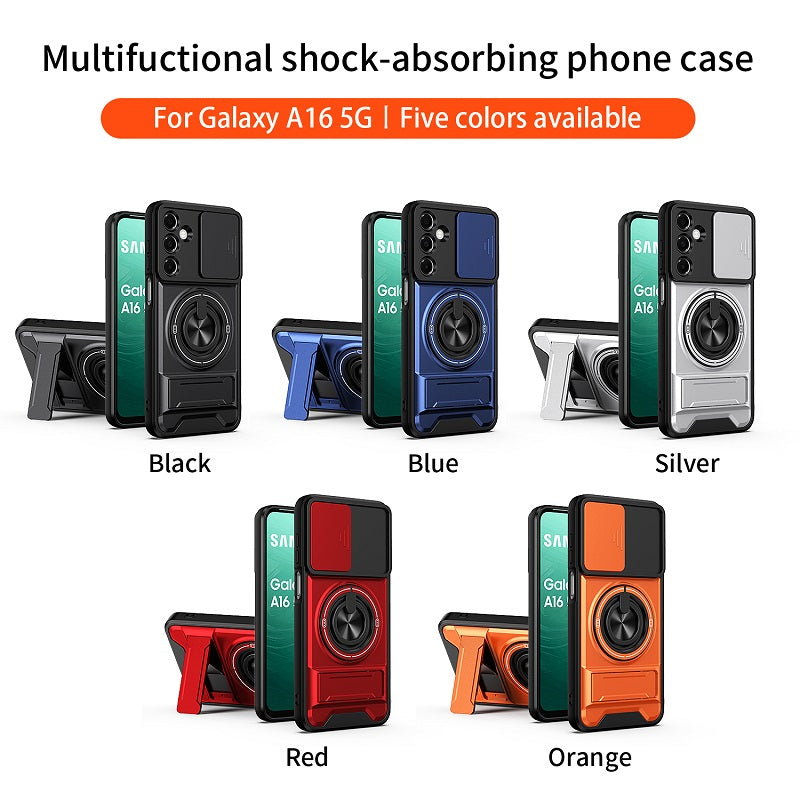 Luxury Slide Camera Lens Cover Case for Samsung Galaxy A16 5G/4G, Built-in Ring Stand and Folding Stand Magnetic Protective Case