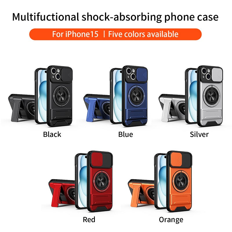 Luxury Slide Camera Lens Cover Case for iPhone 15, Built-in Ring Stand and Folding Stand Magnetic Protective Case