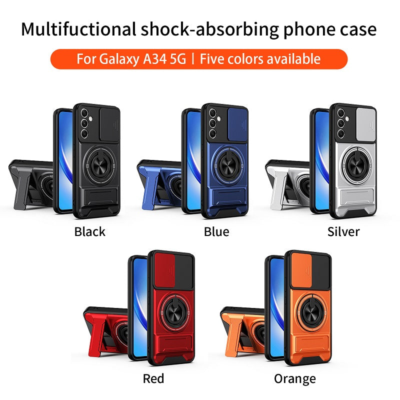 Luxury Slide Camera Lens Cover Case for Samsung Galaxy A34 5G, Built-in Ring Stand and Folding Stand Magnetic Protective Case