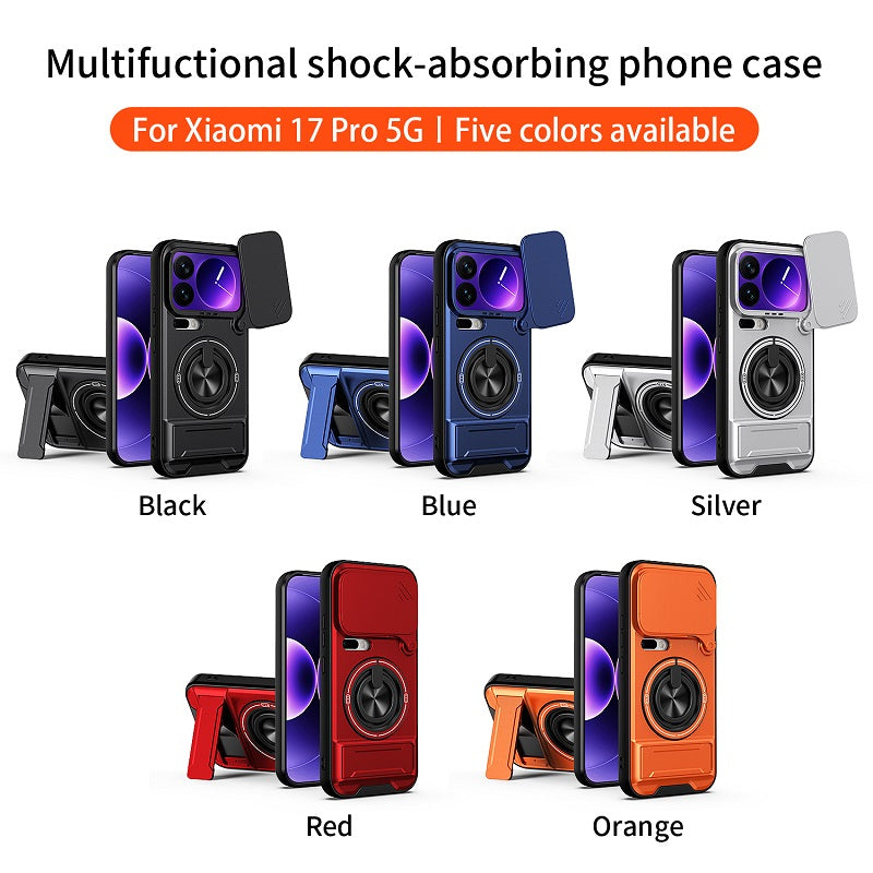 Luxury Slide Camera Lens Cover Case for Xiaomi 17 Pro, Built-in Ring Stand and Folding Stand Magnetic Protective Case