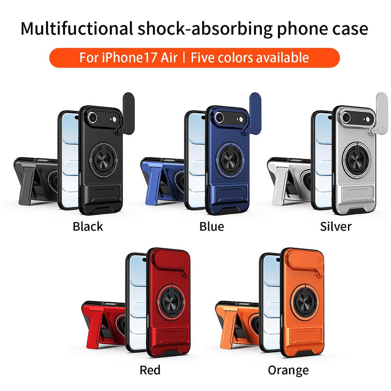 Luxury Slide Camera Lens Cover Case for iPhone 17 Air, Built-in Ring Stand and Folding Stand Magnetic Protective Case