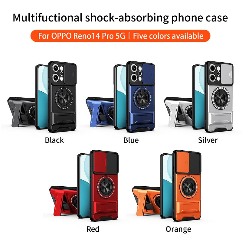 Luxury Slide Camera Lens Cover Case for OPPO Reno 14 Pro 5G, Built-in Ring Stand and Folding Stand Magnetic Protective Case
