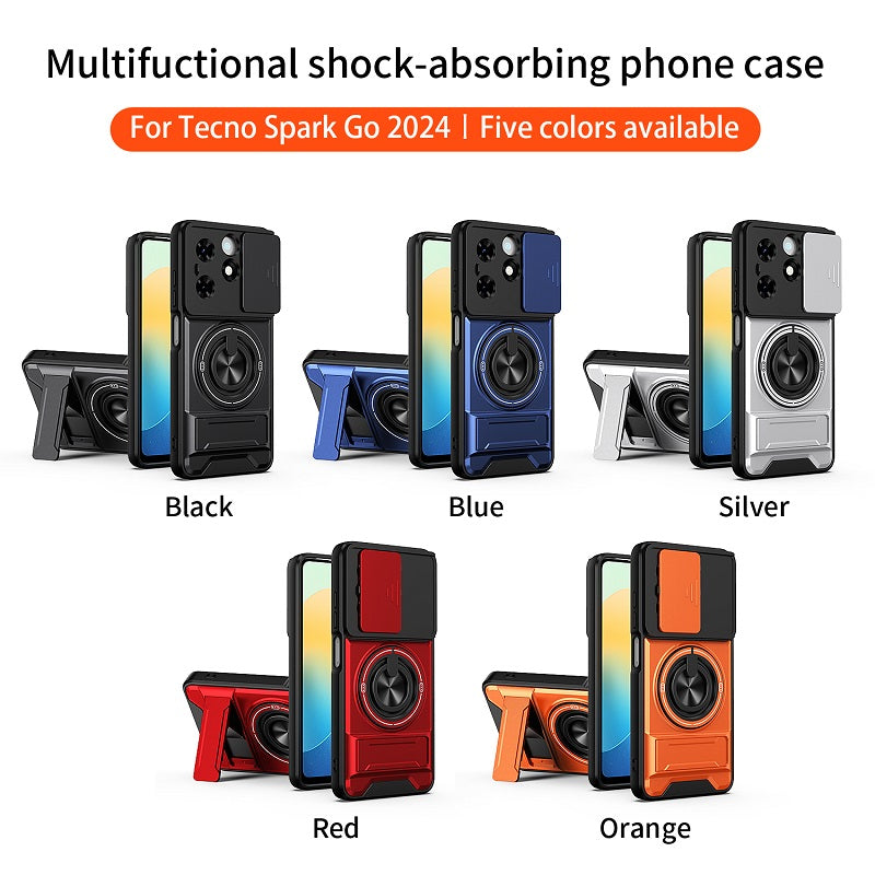 Luxury Slide Camera Lens Cover Case for Tecno Spark Go 2024, Built-in Ring Stand and Folding Stand Magnetic Protective Case