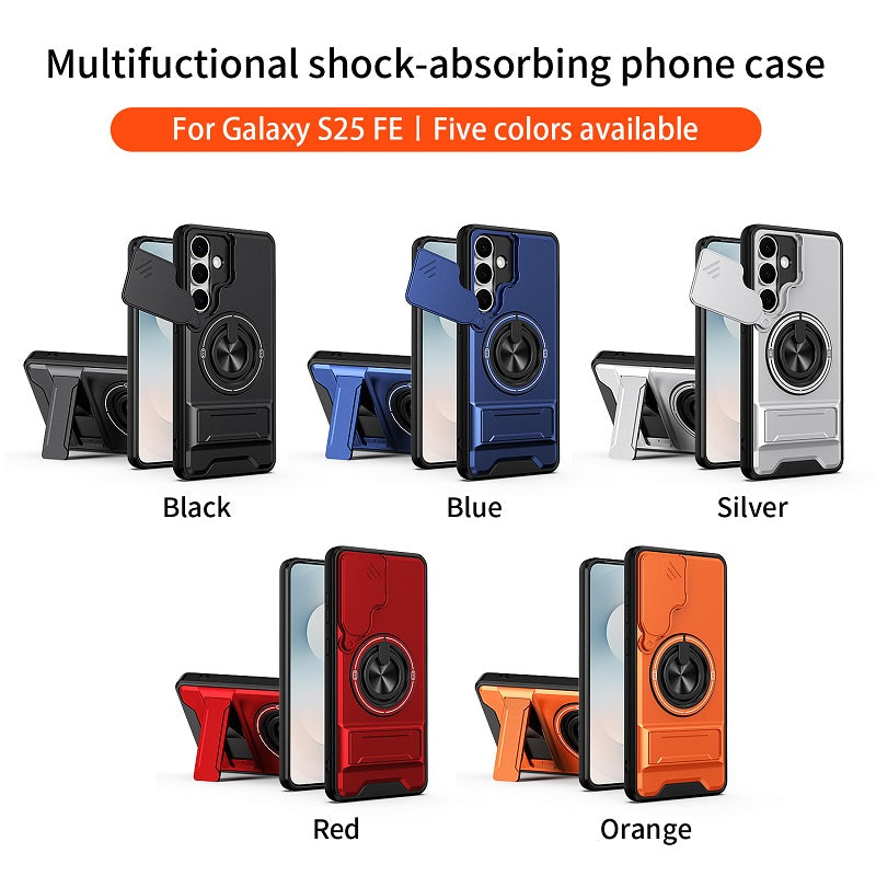 Luxury Slide Camera Lens Cover Case for Samsung Galaxy S25 FE, Built-in Ring Stand and Folding Stand Magnetic Protective Case