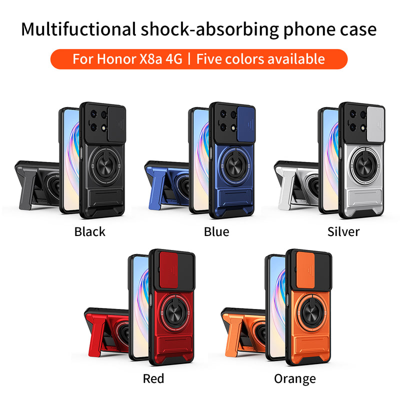 Luxury Slide Camera Lens Cover Case for Honor X8A 4G, Built-in Ring Stand and Folding Stand Magnetic Protective Case